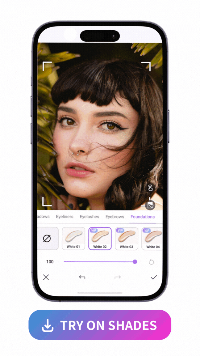 apply 4 different foundations on a woman's face with Vivid Glam's UI mockup